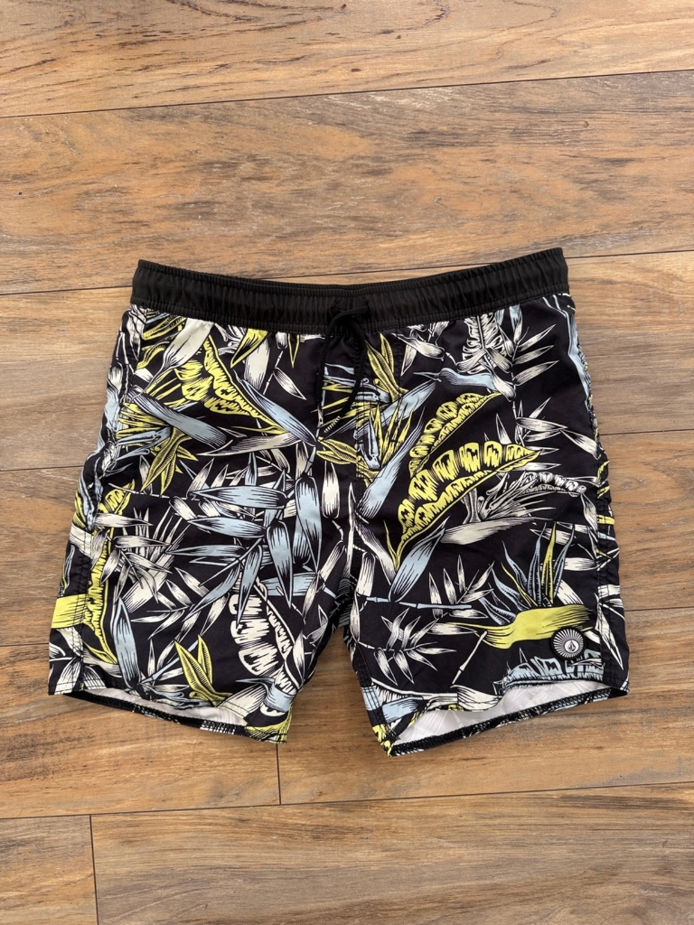 Volcom Black Swim Trunks with Yellow and Light Blue Tropical Print